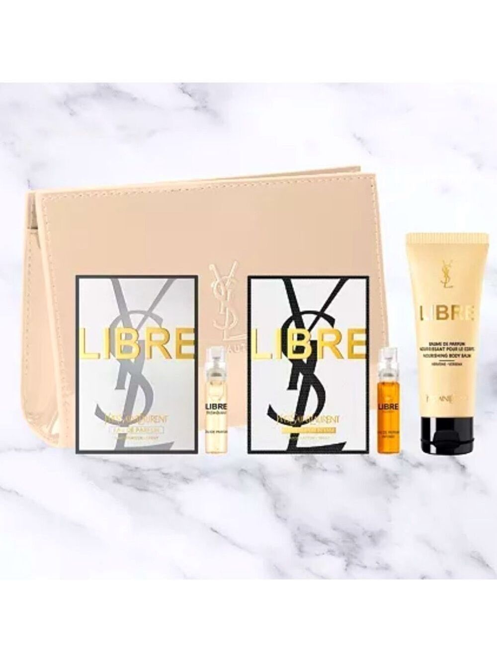 Yves Saint Laurent Beauty Libre 4 pc Travel Gift Set Cream Faux Leather Pouch
